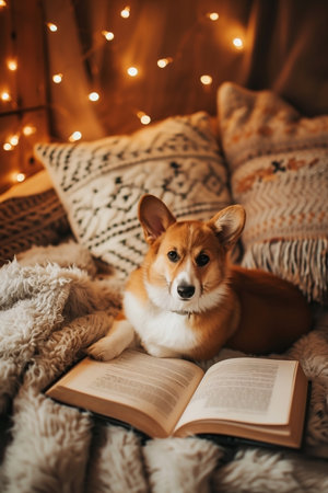 A charming Corgi dog lies comfortably amidst plush blankets and an open book, surrounded by warm fairy lights, creating a serene and inviting reading atmosphere.の素材