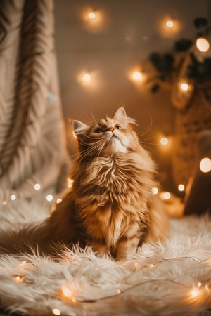 A serene Persian cat sits elegantly on a soft white rug surrounded by glowing fairy lights, creating a warm and magical ambiance perfect for celebrating charm, comfort, and festive moments.の素材