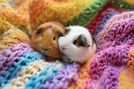 Two adorable guinea pigs resting closely together on a vibrant multicolor knitted blanket, evoking a sense of warmth, comfort, and companionship. Perfect depiction of cute animals enjoying cozy moments.の素材