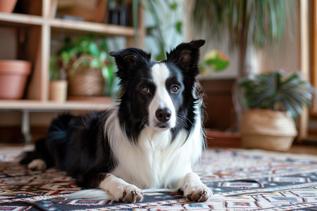 Charming black and white Border Collie lying on a colorful patterned carpet, surrounded by potted plants, evoking a cozy and peaceful indoor atmosphere.の素材