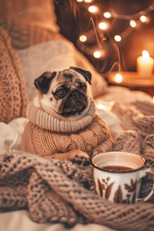A charming pug wearing a warm sweater is nestled in cozy blankets, illuminated by soft string lights and a glowing candle while enjoying a drink in a serene and warm setting.の素材