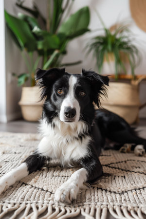 A black and white Border Collie lies relaxed on a patterned carpet, surrounded by house plants. The peaceful indoor scene offers a connection to nature and showcases the beauty of this intelligent breed.の素材