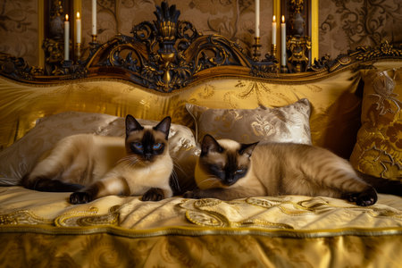 Siamese cats lounging comfortably amidst luxurious and ornate surroundings, with gold and velvet textures adding sophistication and elegance.の素材