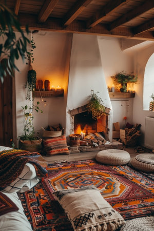 Warm and inviting living space featuring a lit fireplace, textured rugs, comfortable seating, and decorative plants, creating a serene and aesthetically pleasing atmosphere. Perfect for relaxation and inspiration.の素材