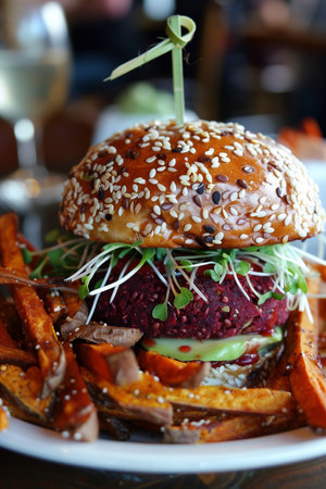 A vibrant vegan burger featuring a beetroot patty, fresh vegetables, avocado, and sprouts, served with crispy seasoned sweet potato fries.の素材