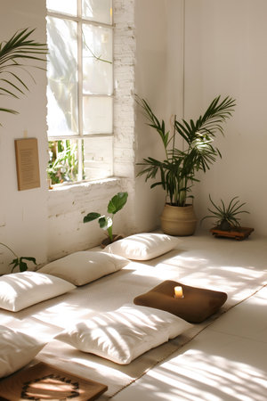 Sunlight streams into a serene minimalist room with cushions scattered on a wooden floor, surrounded by potted plants for a natural and tranquil ambiance.の素材