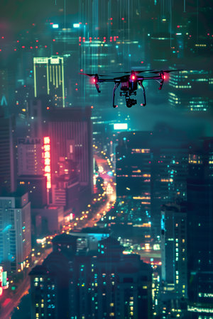 A drone gracefully moves through a vibrant, neon-lit cityscape at night. This image captures the essence of modern technology intertwined with urban living, showcasing innovation, mystery, and the future.の素材
