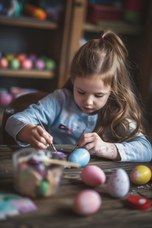 A young girl concentrates on painting Easter eggs with meticulous detail. Sitting at a wooden table surrounded by her painted creations, she enjoys the springtime activity.の素材