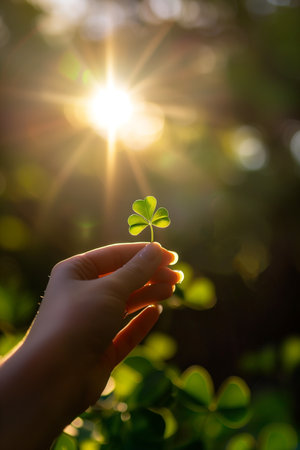 A hand holds a shamrock leaf toward the bright sun in the background. The lighting shows through the leaf as well as around the hand. The shamrock suggests luck, nature, and Irish heritage.の素材