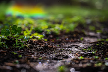 This ground-level shot shows a muddy forest floor, sparkling with water droplets. Small plants dot the scene, including a four-leaf clover. In the background, a soft rainbow arc adds whimsy to the tranquil woodland setting.の素材