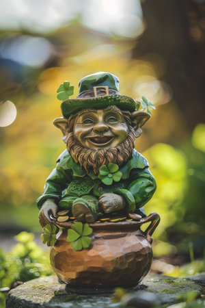 Close-up captures a smiling leprechaun figurine atop a pot overflowing with gold coins. Clovers embellish the scene, set in a lush outdoor background, representing luck and celebration.の素材