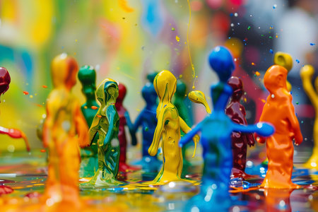 A dynamic display features paint sculptures in vivid colors. Each figure blends into the background, embodying the theme of unity. The abstract style emphasizes the spirit of teamwork.の素材