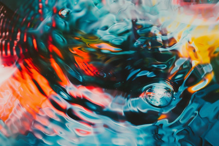 Close-up of water surface showcases dynamic ripples, a vibrant blend of colors, and captured bubble adding to the depth and visual interest. An artful composition with water movement.の素材
