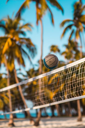 Dynamic image of a volleyball mid-air over a net with tropical palm trees in the background, evoking energetic beach activities, summer vibes, and the spirit of outdoor sports in a sunny setting.の素材