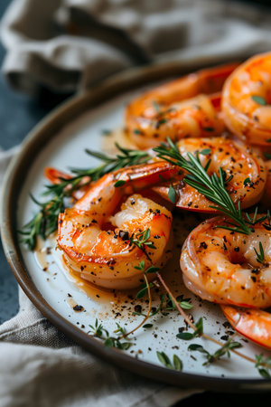 Close up on a plate with cooked shrimps. High quality photoの素材