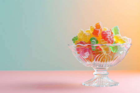 Colorful gummy bears served in a vintage glass bowl against a pastel gradient background. The sugary treats are brightly lit, emphasizing their playful appearance, sweetness, and charm. Ideal for fun or confectionery contexts.の素材