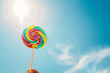 A vibrant multicolored lollipop is held up against a sunny blue sky, emanating joy and evoking the cheerful essence of summer, sweetness, and bold colors, symbolizing fun and carefree moments.の素材