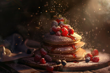 A delicious stack of pancakes adorned with fresh berries, a dusting of powdered sugar, and syrup, illuminated in warm artistic light, creating an inviting and gourmet culinary ambiance.の素材