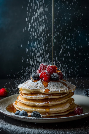 Fluffy pancakes stacked high with fresh berries, powdered sugar, and maple syrup drizzle, evoking warmth and indulgence.の素材