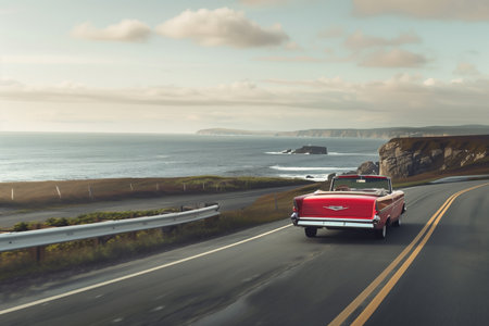 A vintage red convertible car cruising on a quiet coastline road, capturing a serene seascape view. Evokes a feeling of nostalgia, freedom, and adventure under soft sunset lighting.の素材