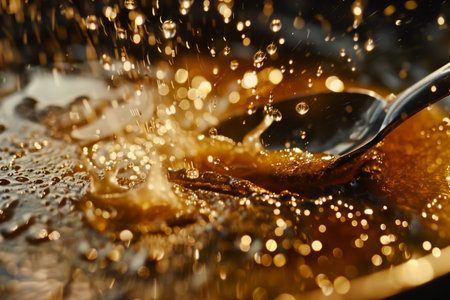 Golden caramelized sugar splashes as a spoon breaks the crust of a creme brulee, capturing the rich texture and vibrant details of this delectable dessert moment in high-resolution imagery.の素材