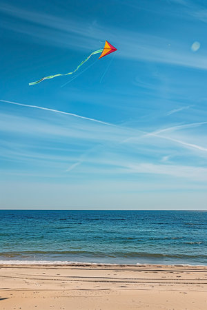 A bright and vibrant kite soaring gracefully above a sandy beach under a clear sunny sky. The vivid colors contrast beautifully with the blue sky and the shimmering ocean in the background.の素材