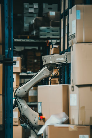 An advanced robotic arm efficiently organizing cardboard boxes in a technologically advanced warehouse setting, representing automation, logistics, and innovation in industrial productivity.の素材