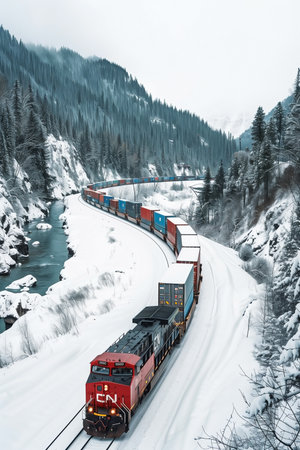 A vibrant freight train journeys through a picturesque snowy forest, surrounded by majestic mountains and evergreen trees, delivering goods in winter conditions, showcasing transportation marvels in serene, remote natural landscapes.の素材