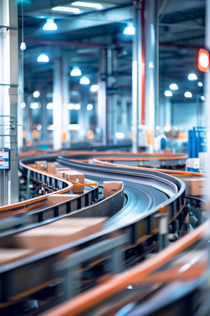 Dynamic view of a busy warehouse equipped with conveyor belts moving packages, showcasing efficiency and technology in a large-scale facility.の素材