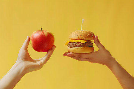 Healthy diet vs fast food. Choosing an apple or burger. Isolated on yellow background. High quality photoの素材