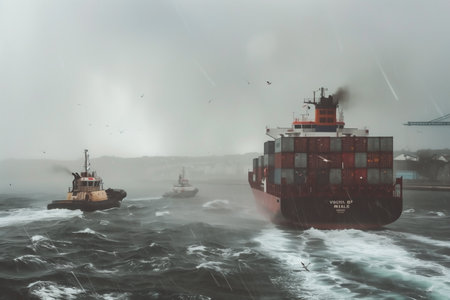 A large container ship being guided by tugboats through turbulent waters under a foggy sky. This maritime scene showcases the teamwork and precision involved in shipping and port operations.の素材