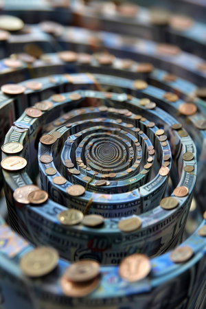 Artistic arrangement of banknotes and coins in a spiral illustrates monetary concepts and dynamics in a visually impactful way.の素材