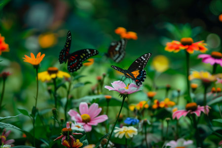 This stunning nature scene captures butterflies gracefully navigating a colorful field. The wildflowers, with their range of hues, provide a vibrant backdrop for the delicate butterflies.の素材