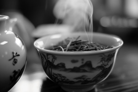 Monochrome photograph showcases a beautifully decorated bowl filled with herbal tea, as steam rises. Alongside is an elegant ceramic teapot. The scene evokes warmth and tranquility.の素材