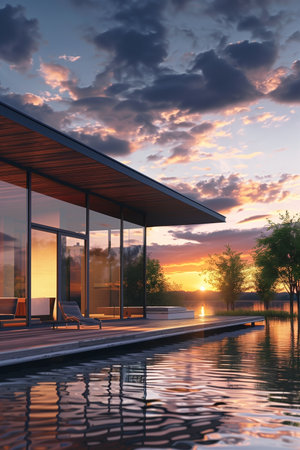 A contemporary lakeside house featuring large glass panes, a serene pool, and a picturesque sunset. The tranquil setting is highlighted by the calm water and vibrant clouds, offering peace and modern design.の素材