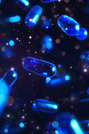 floating blue capsules with sparkling effect. High quality photoの素材
