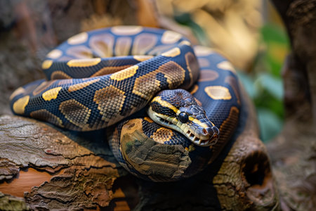 An eye-level close-up captures a snake coiled on a branch, its scales displaying intricate patterns. The focus highlights the snakes detailed skin and vibrant colors in its natural environment.の素材