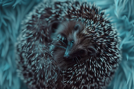 A hedgehog curled up tightly, displaying its spines. The hedgehogs face is visible, with its nose and whiskers highlighted. It is nested in what appears to be soft bedding.の素材