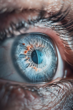 A detailed close-up of a human eye reveals intricate textures and patterns. The blue iris, framed by lashes, draws viewers into its depths. Skin details add realism and depth.の素材