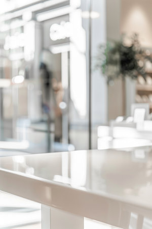 A glossy white table surface dominates the foreground, softly blurred. The background features an out-of-focus retail shop front bathed in diffused light, creating a sophisticated and serene atmosphere.の素材