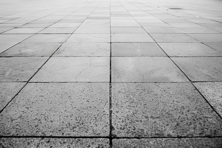 A monochromatic image showcases a tile floor receding into the distance, emphasizing the floors geometric pattern and texture. The minimalist setting enhances the tiles characteristics.の素材