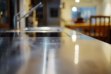 A focused perspective captures a countertop reflecting light, suggesting cleanliness and modernity. In the background is a blurred kitchen setting with a faucet and dining space.の素材