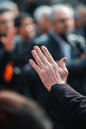 In a crowd setting, a hand is raised prominently, maybe signalling a greeting or showing support. The surrounding faces are blurred, adding focus to the gesture. A dark jacket sleeve frames the scene.の素材