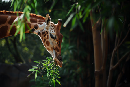 This photo captures the serene moment of a giraffe eating leaves in the wild. The scene is set within a lush, shadowy forest, creating a dramatic yet natural contrast. The giraffes spotted pattern stands out.の素材