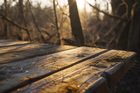 Sunlight cascades onto rustic wooden planks, creating a serene outdoor setting. Bokeh from the trees adds depth to the scene, enhancing the calm, natural ambiance.の素材