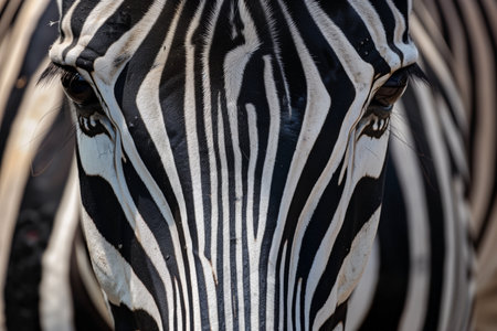 A detailed close-up of a zebras face reveals the intricate pattern of black and white stripes. The animals eyes are clearly visible. The wild animal stands alert in its natural habitat.の素材