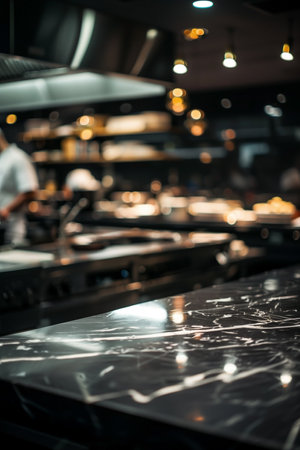 This image features a professional kitchen bathed in soft, inviting light. A black marble countertop takes center stage, reflecting the warm glow from above, while chefs work in the background.の素材