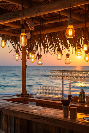 A cozy open-air beach bar with warm hanging lights and a view of a serene ocean sunset, creating a relaxed and inviting ambiance perfect for an evening by the shoreline.の素材
