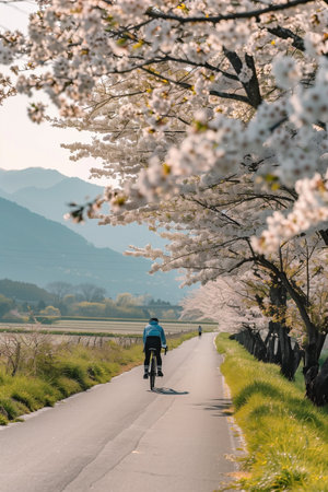 A cyclist is riding along a road lined with blooming cherry trees in spring. The path leads toward distant mountains. The setting is serene and picturesque and bucolic.の素材