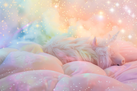 An artistic rendering of a unicorn peacefully asleep on plush, pastel-colored clouds. Stars twinkle around the creature, illuminating its soft fur and horn in a dreamy, magical scene.の素材